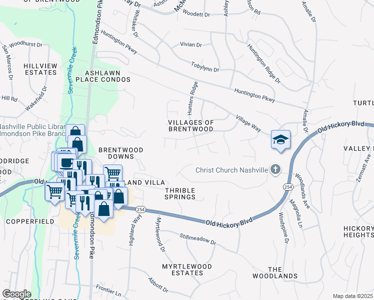 map of restaurants, bars, coffee shops, grocery stores, and more near 3560 Fairhaven Drive in Nashville