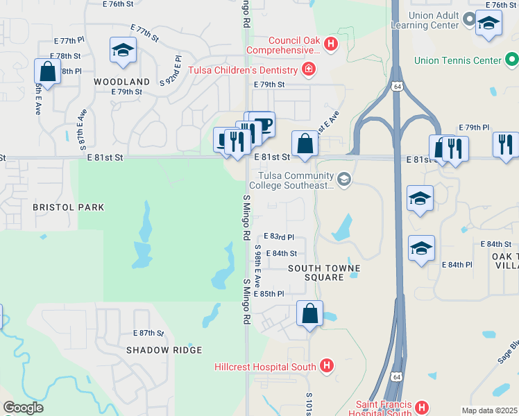 map of restaurants, bars, coffee shops, grocery stores, and more near 8215 South Mingo Road in Tulsa