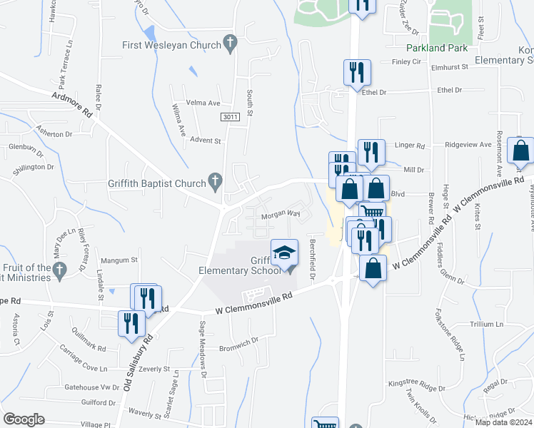 map of restaurants, bars, coffee shops, grocery stores, and more near Morgan Circle in Winston-Salem