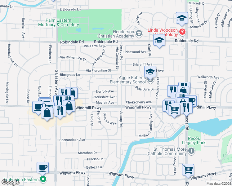 map of restaurants, bars, coffee shops, grocery stores, and more near 2800 Yorkshire Avenue in Henderson