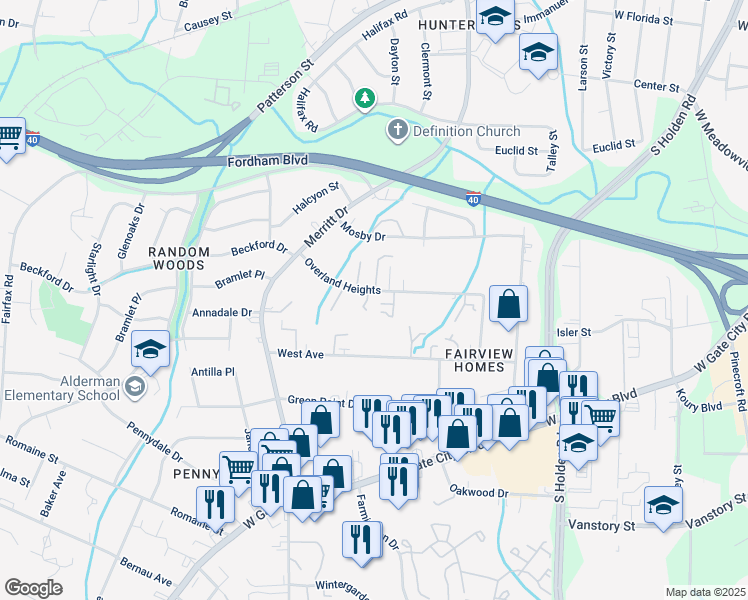 map of restaurants, bars, coffee shops, grocery stores, and more near 3905 Pioneer Way in Greensboro