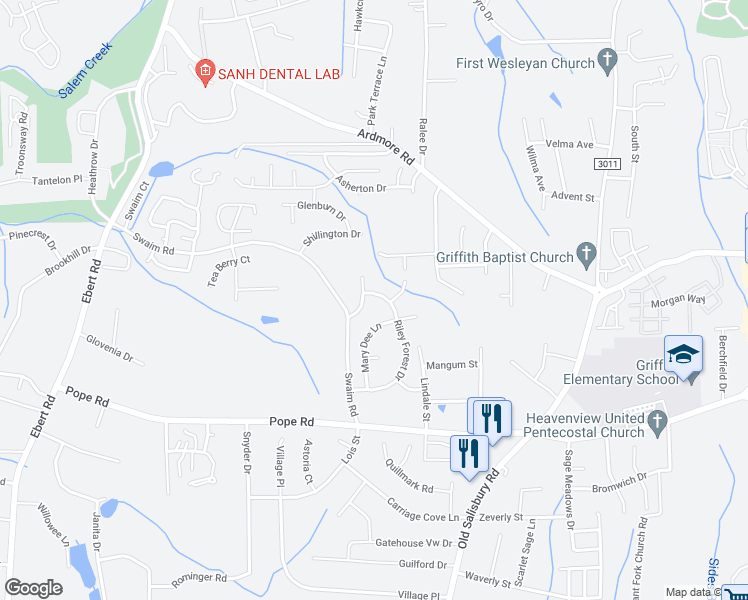 map of restaurants, bars, coffee shops, grocery stores, and more near 2210 Riley Forest Drive in Winston-Salem