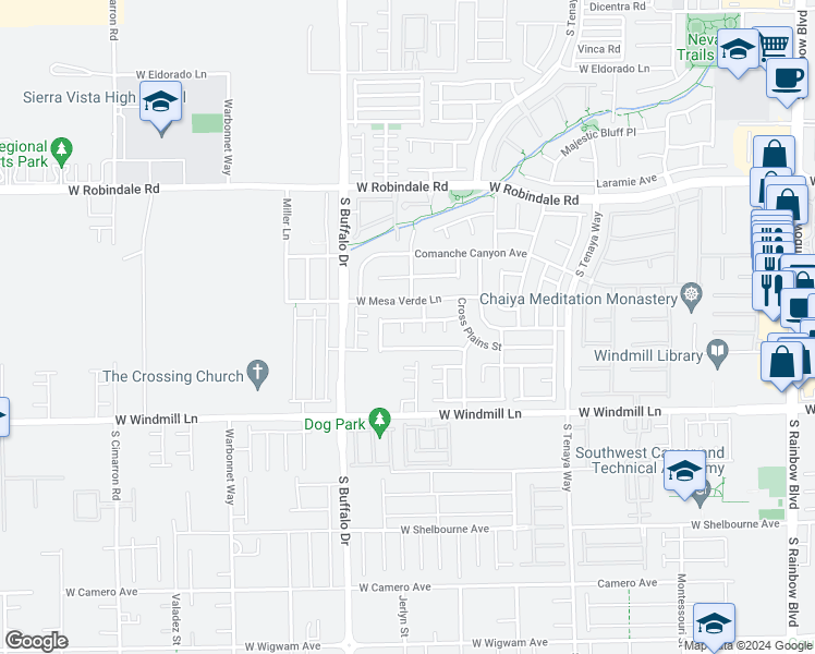 map of restaurants, bars, coffee shops, grocery stores, and more near 7946 Skyline View Court in Las Vegas