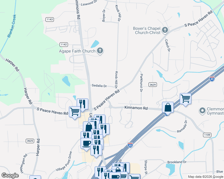 map of restaurants, bars, coffee shops, grocery stores, and more near 2890 Knob Hill Drive in Clemmons