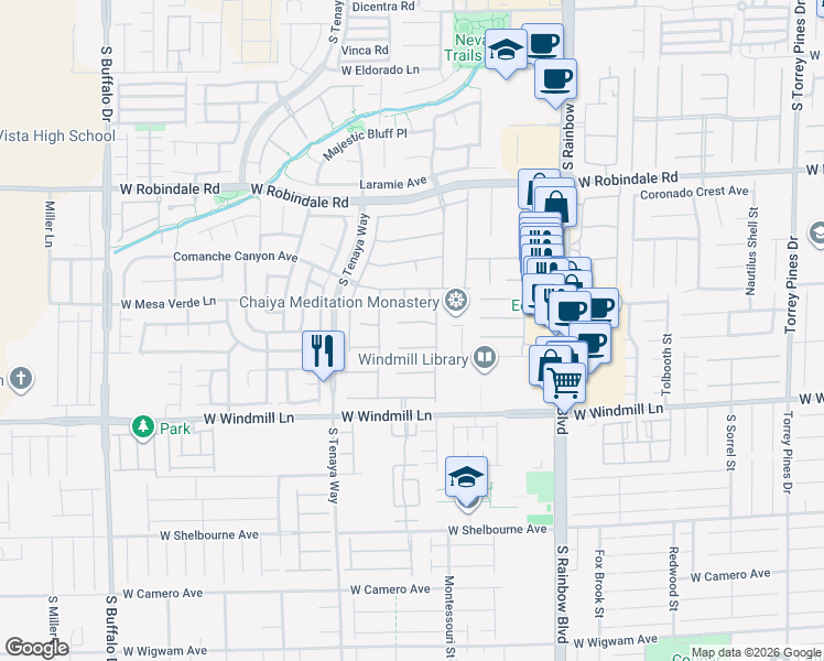 map of restaurants, bars, coffee shops, grocery stores, and more near 7199 Adobe Falls Court in Las Vegas
