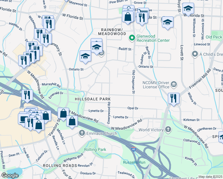 map of restaurants, bars, coffee shops, grocery stores, and more near 2207 Emerywood Road in Greensboro