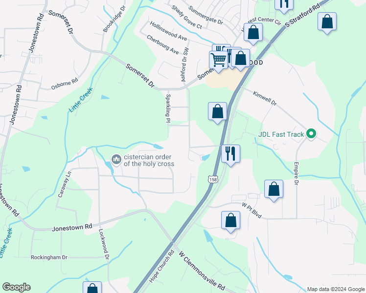 map of restaurants, bars, coffee shops, grocery stores, and more near 2600 Brandywine Road in Winston-Salem