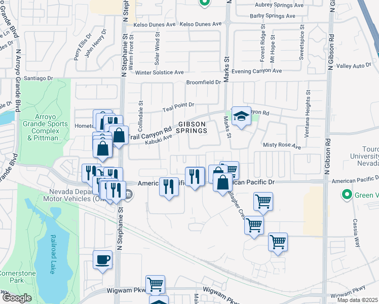 map of restaurants, bars, coffee shops, grocery stores, and more near 1113 Cloudy Day Drive in Henderson
