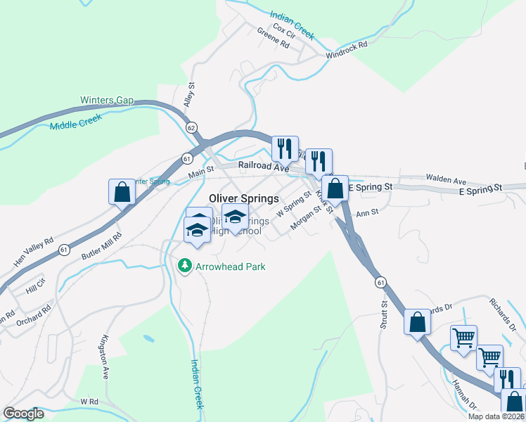map of restaurants, bars, coffee shops, grocery stores, and more near 405 Winter Gap Road in Oliver Springs