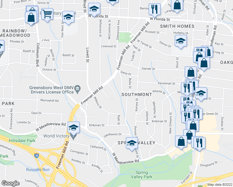 map of restaurants, bars, coffee shops, grocery stores, and more near 1817 McCormick Street in Greensboro