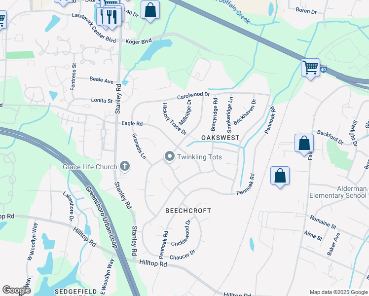 map of restaurants, bars, coffee shops, grocery stores, and more near 1209 Eagle Road in Greensboro