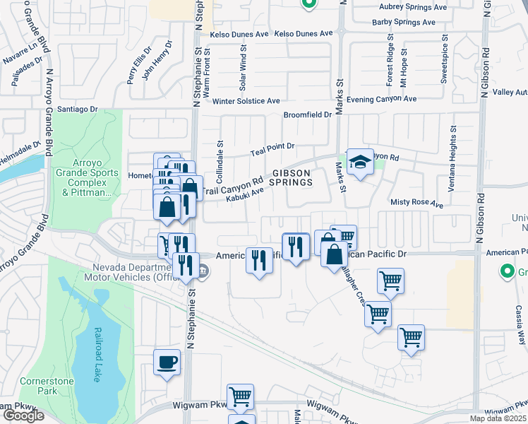map of restaurants, bars, coffee shops, grocery stores, and more near 1130 Light Sky Avenue in Henderson