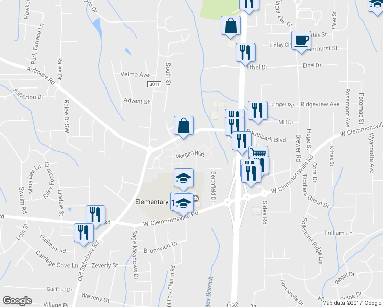 map of restaurants, bars, coffee shops, grocery stores, and more near 100 Buckhead Road in Winston-Salem