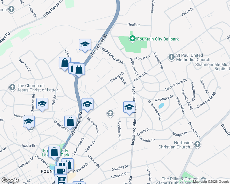 map of restaurants, bars, coffee shops, grocery stores, and more near 3412 Garden Drive in Knoxville
