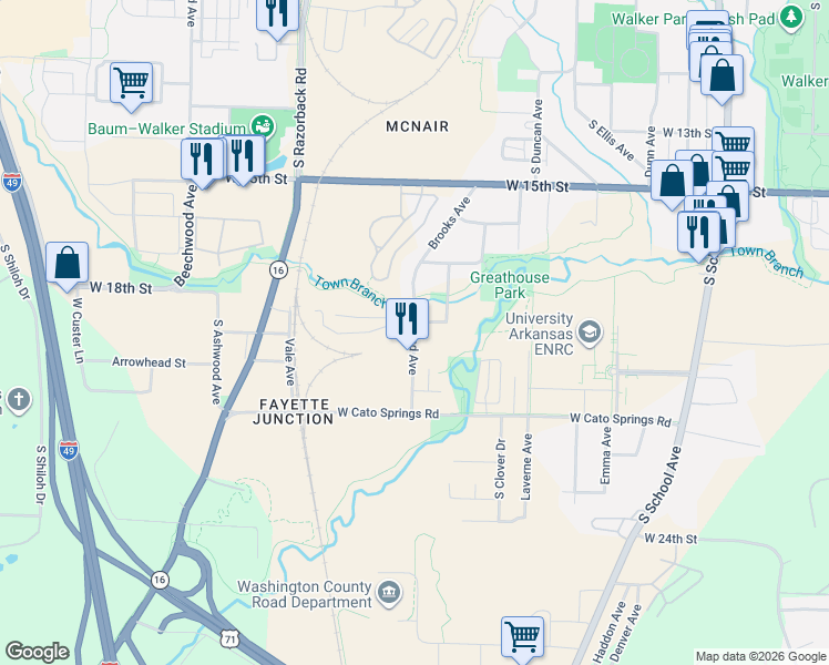 map of restaurants, bars, coffee shops, grocery stores, and more near 1824 South Garland Avenue in Fayetteville