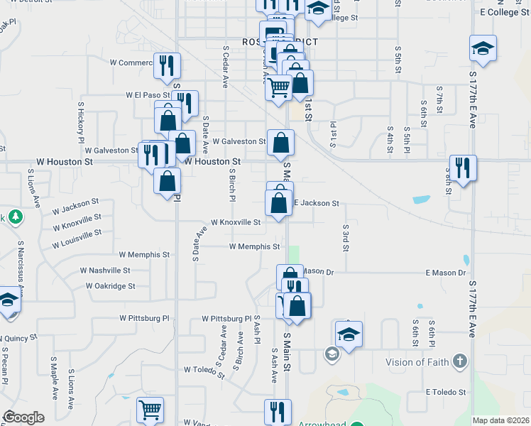 map of restaurants, bars, coffee shops, grocery stores, and more near 113 West Knoxville Street in Broken Arrow