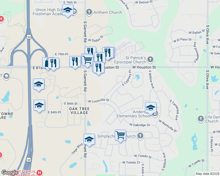 map of restaurants, bars, coffee shops, grocery stores, and more near 1013 South Desert Palm Avenue in Broken Arrow