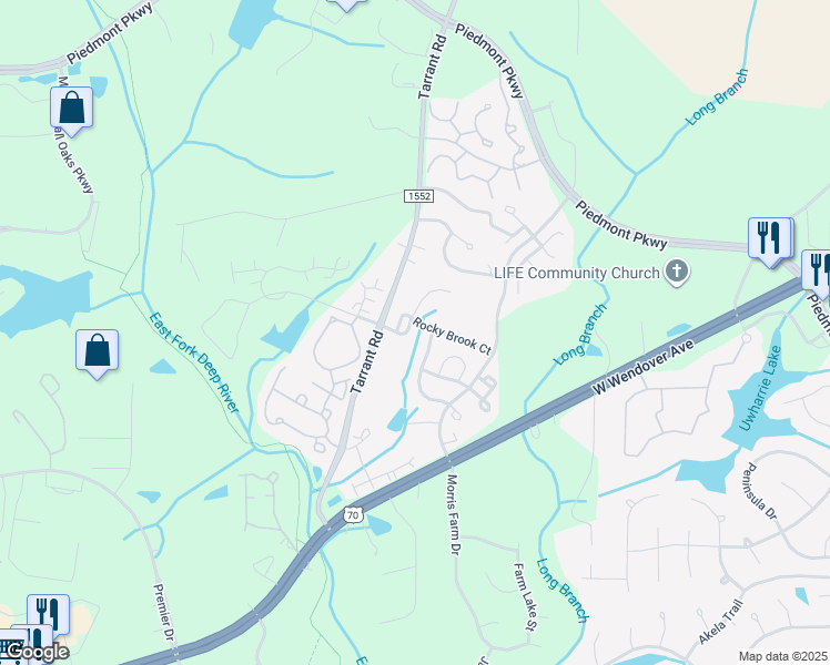 map of restaurants, bars, coffee shops, grocery stores, and more near 3662 Waterwheel Court in Greensboro