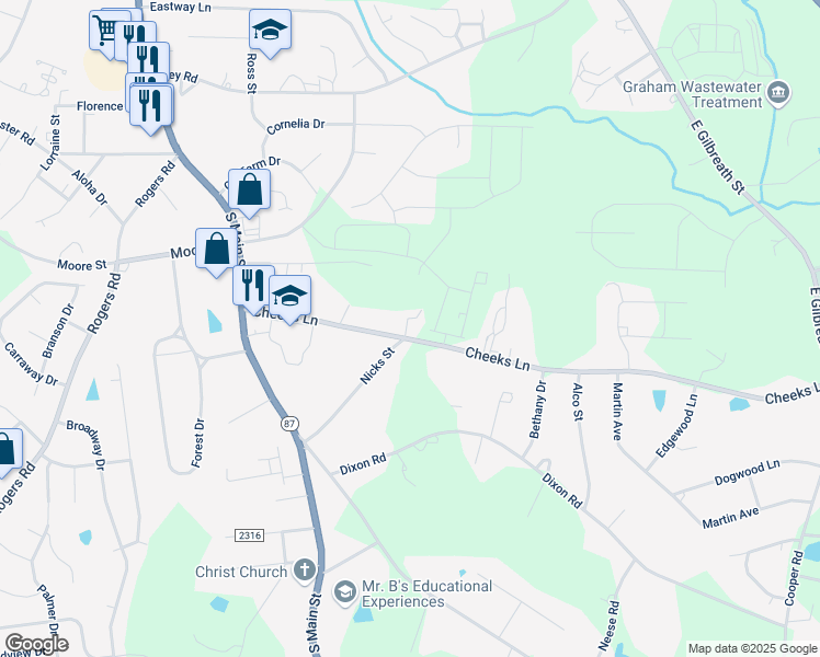 map of restaurants, bars, coffee shops, grocery stores, and more near 404 Cheeks Lane in Graham
