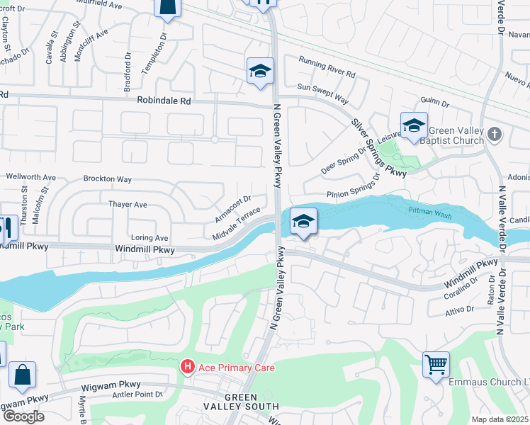 map of restaurants, bars, coffee shops, grocery stores, and more near 2203 Midvale Terrace in Henderson