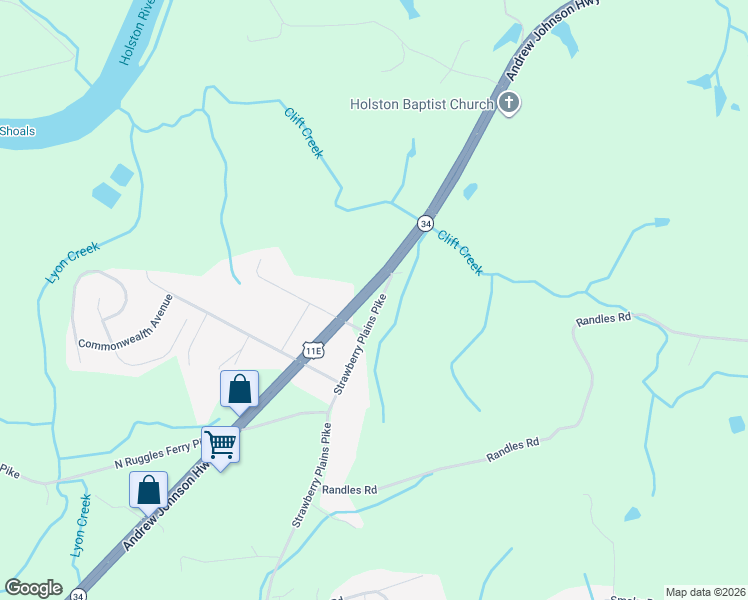 map of restaurants, bars, coffee shops, grocery stores, and more near 816 Andrew Johnson Highway in Strawberry Plains