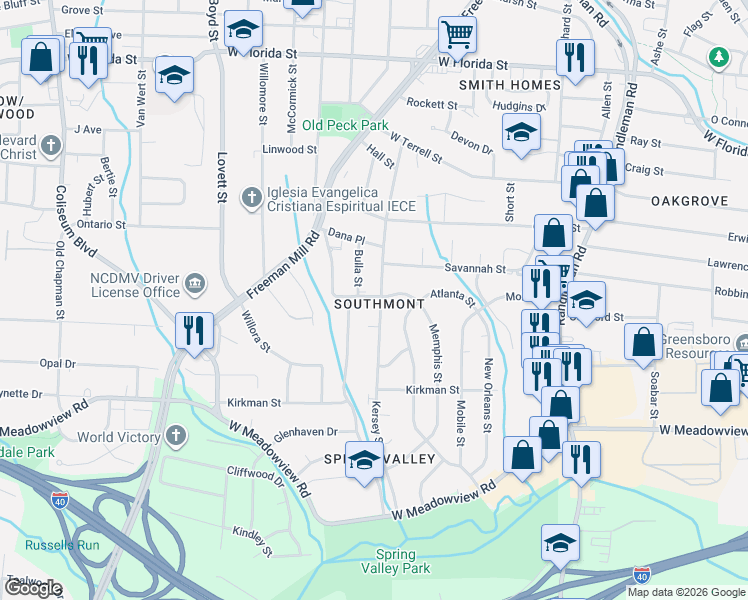 map of restaurants, bars, coffee shops, grocery stores, and more near in Greensboro