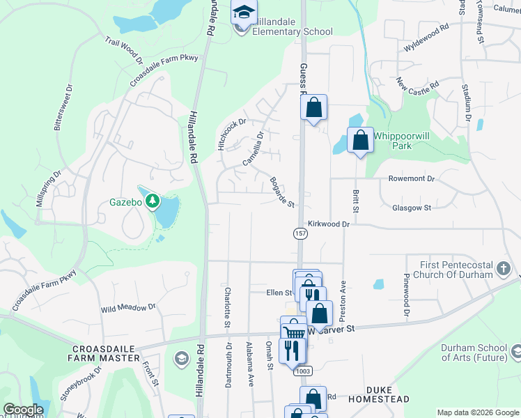 map of restaurants, bars, coffee shops, grocery stores, and more near 3300 Alabama Avenue in Durham