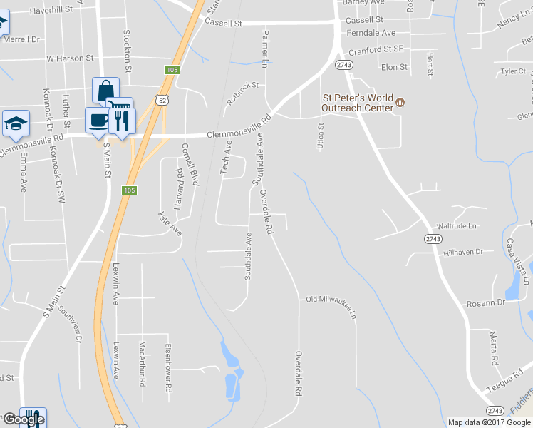 map of restaurants, bars, coffee shops, grocery stores, and more near Gibbons Street in Winston Salem