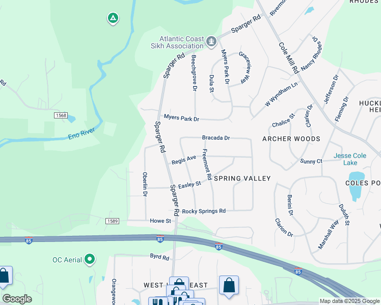 map of restaurants, bars, coffee shops, grocery stores, and more near 4514 Regis Avenue in Durham