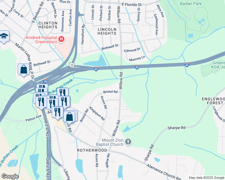 map of restaurants, bars, coffee shops, grocery stores, and more near 1708 Bristol Road in Greensboro