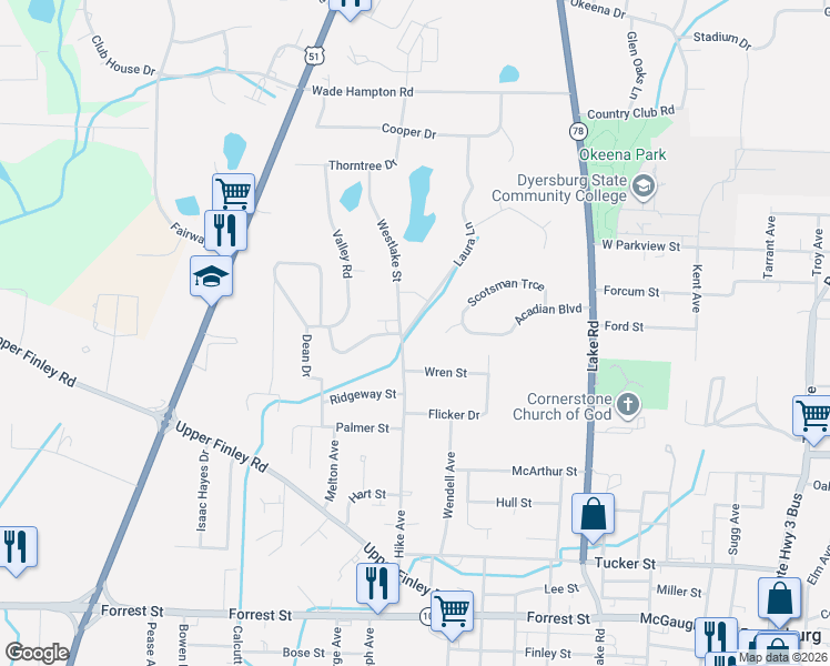 map of restaurants, bars, coffee shops, grocery stores, and more near 908 Hike Avenue in Dyersburg