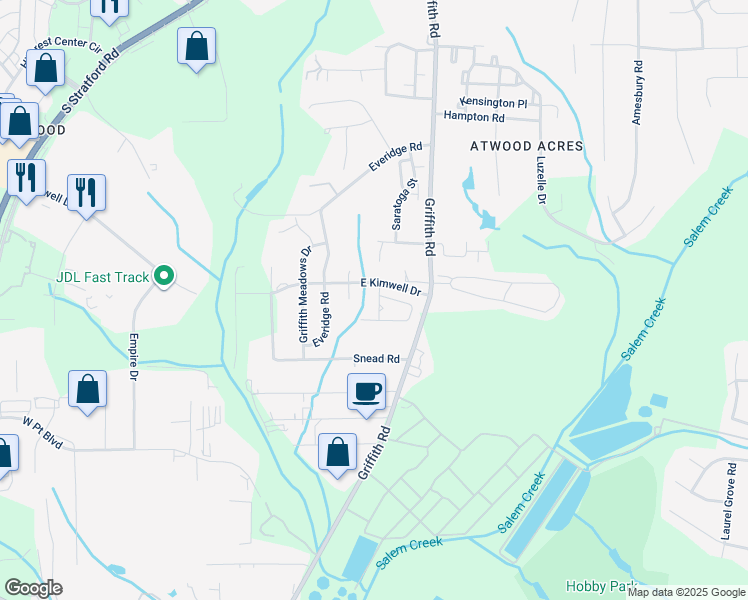 map of restaurants, bars, coffee shops, grocery stores, and more near 2644 Hartfield Commons Lane in Winston-Salem