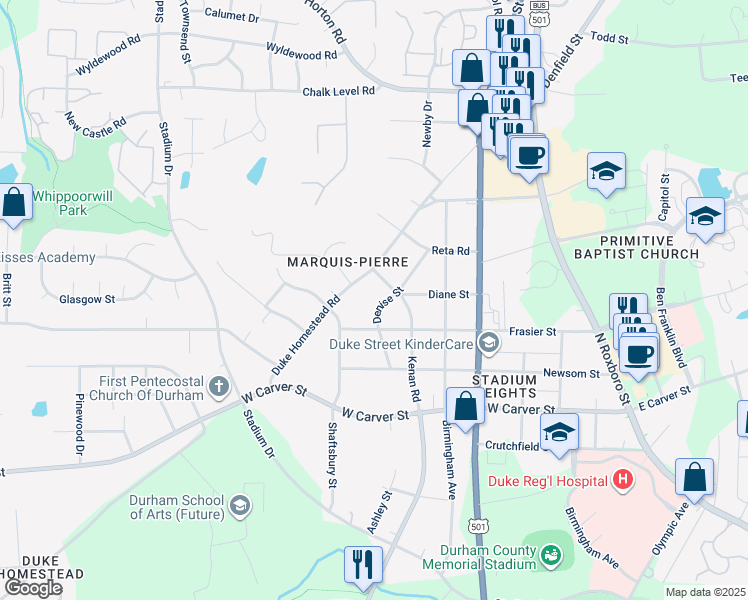 map of restaurants, bars, coffee shops, grocery stores, and more near 3357 Denise Street in Durham