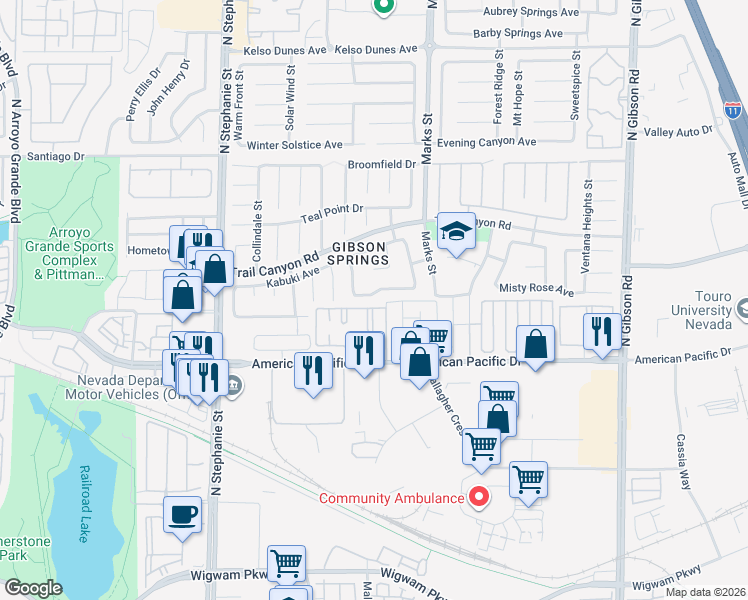 map of restaurants, bars, coffee shops, grocery stores, and more near 1105 Cloudy Day Drive in Henderson
