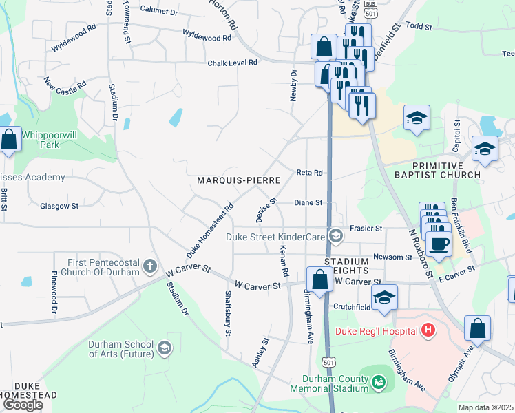 map of restaurants, bars, coffee shops, grocery stores, and more near 3357 Denise Street in Durham