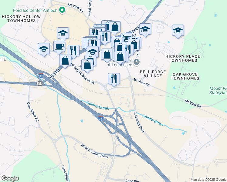 map of restaurants, bars, coffee shops, grocery stores, and more near 221 Crossings Pl in Antioch