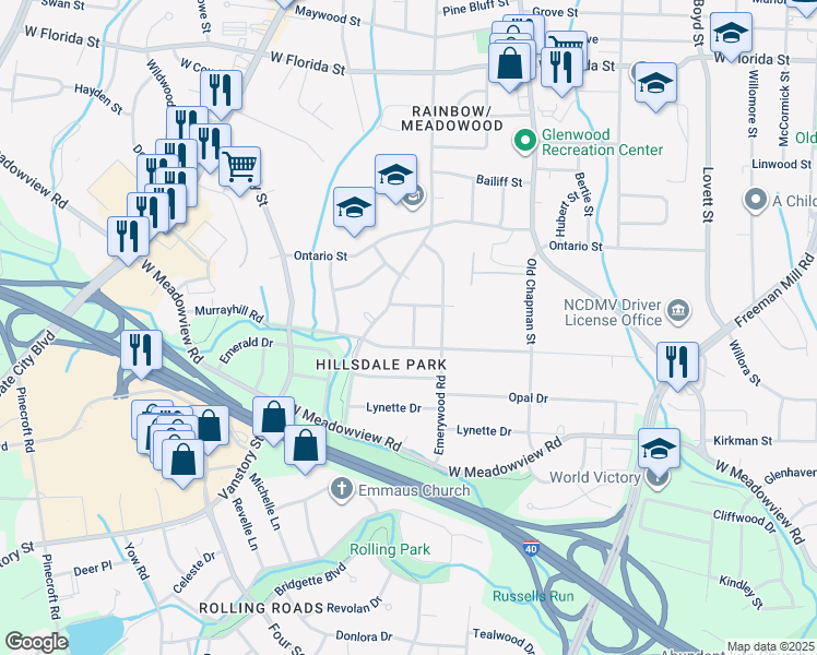 map of restaurants, bars, coffee shops, grocery stores, and more near 2204 Maybank Drive in Greensboro