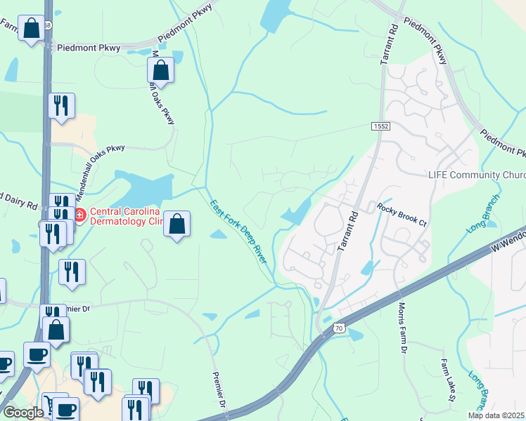 map of restaurants, bars, coffee shops, grocery stores, and more near 3619 Sainsbury Lane in Greensboro