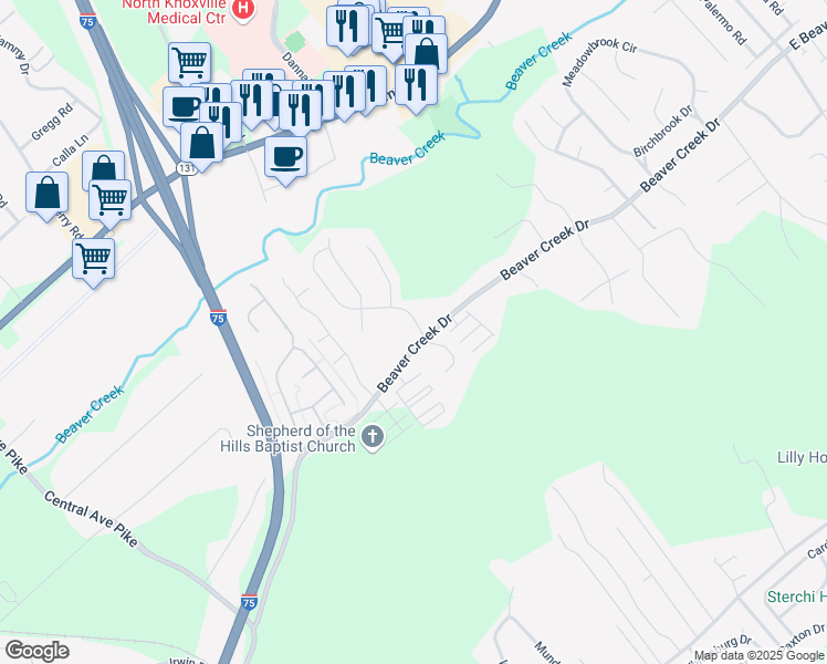 map of restaurants, bars, coffee shops, grocery stores, and more near 7101 Hannah Brook Road in Knoxville