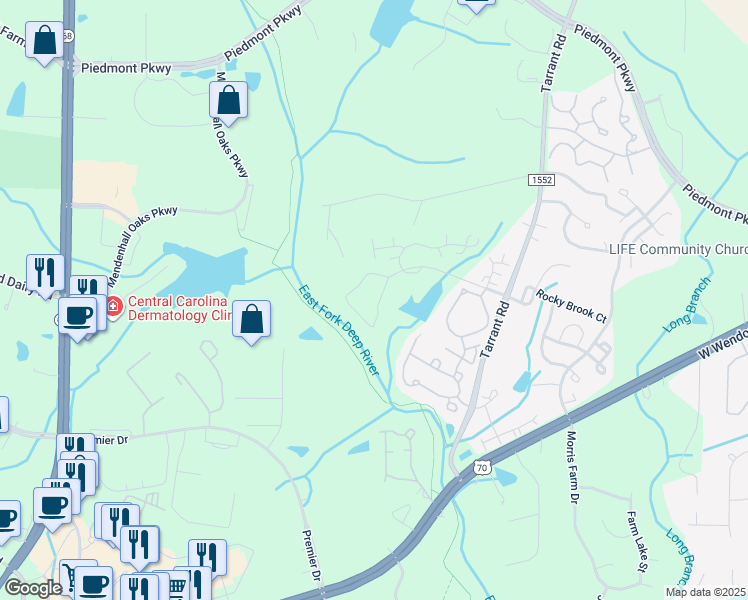 map of restaurants, bars, coffee shops, grocery stores, and more near 3619 Sainsbury Lane in Greensboro