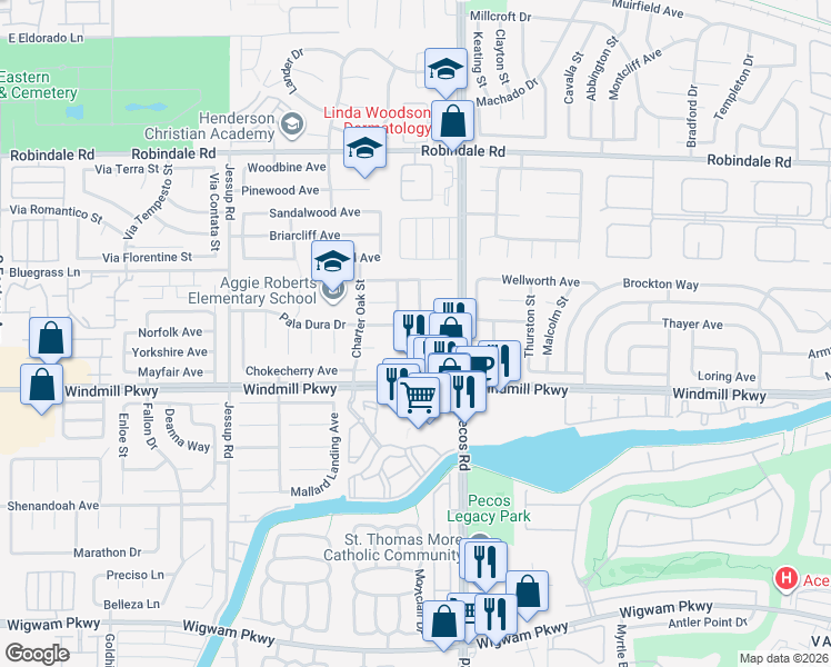 map of restaurants, bars, coffee shops, grocery stores, and more near 2691 Dark Star Avenue in Henderson