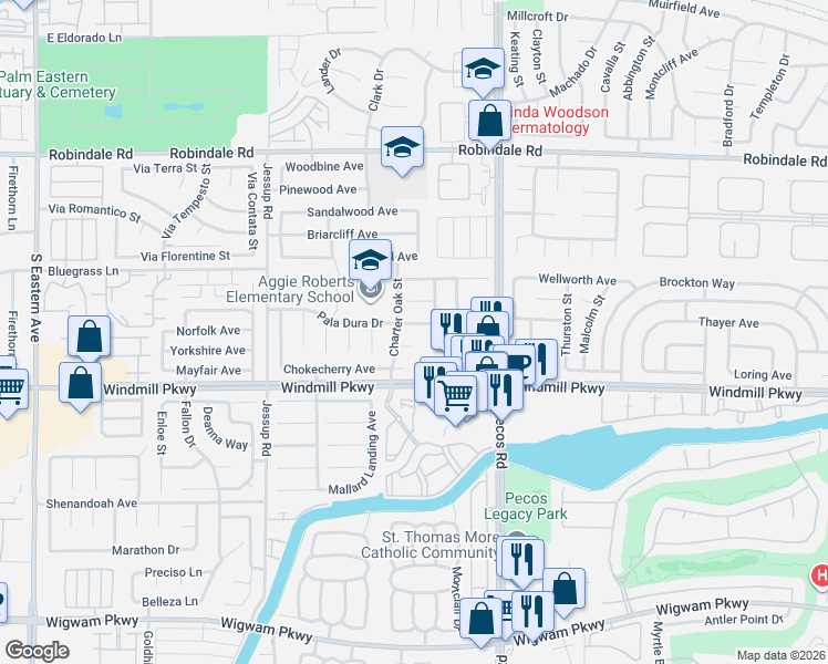 map of restaurants, bars, coffee shops, grocery stores, and more near 2705 Fan Palm Court in Henderson