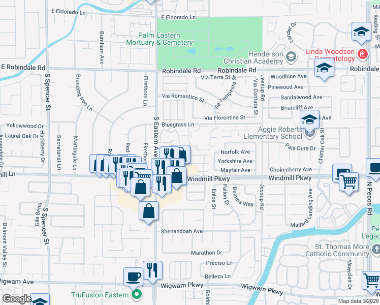 map of restaurants, bars, coffee shops, grocery stores, and more near 2550 Begonia Valley Avenue in Henderson