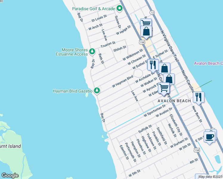 map of restaurants, bars, coffee shops, grocery stores, and more near 518 W Archdale St in Kill Devil Hills