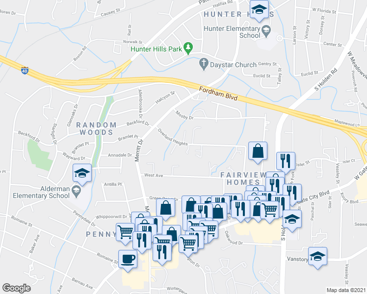 map of restaurants, bars, coffee shops, grocery stores, and more near 3909 Pioneer Way in Greensboro