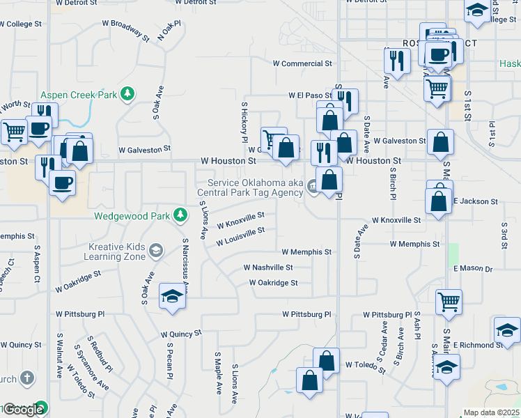 map of restaurants, bars, coffee shops, grocery stores, and more near 1109 West Knoxville Street in Broken Arrow