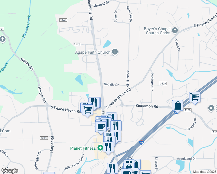map of restaurants, bars, coffee shops, grocery stores, and more near 2460 Sedalia Drive in Clemmons