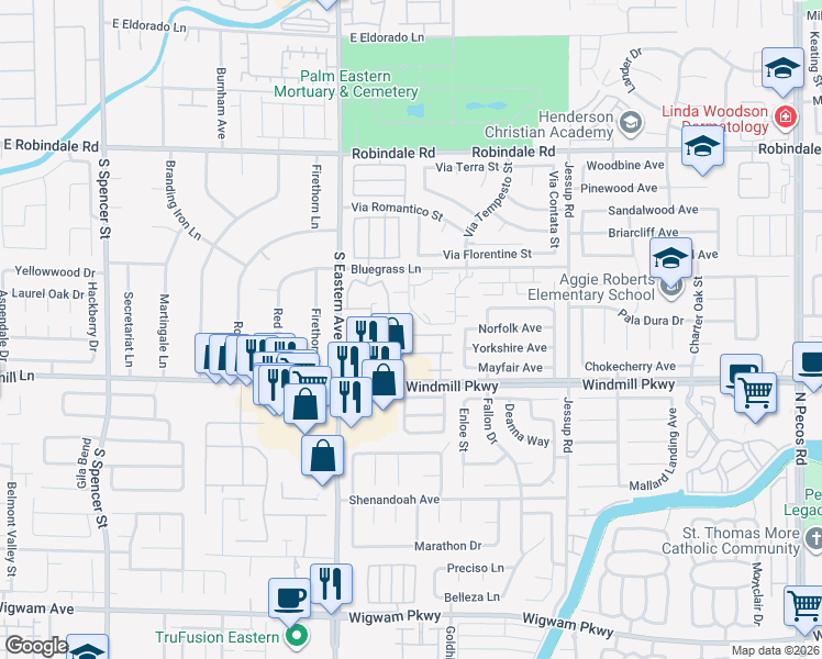map of restaurants, bars, coffee shops, grocery stores, and more near 2550 Begonia Valley Avenue in Henderson