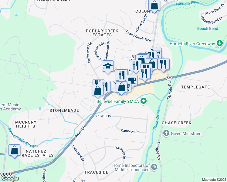 map of restaurants, bars, coffee shops, grocery stores, and more near Highway 100 in Nashville
