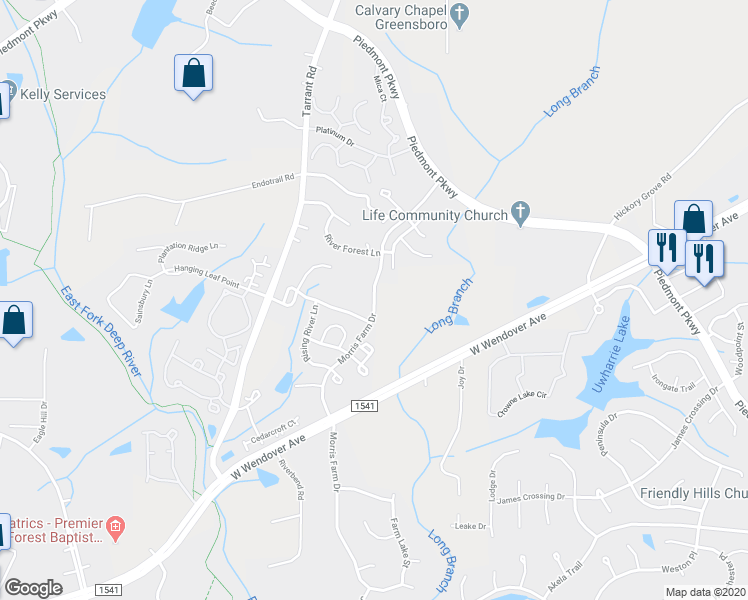 map of restaurants, bars, coffee shops, grocery stores, and more near 3700 Morris Farm Drive in Greensboro